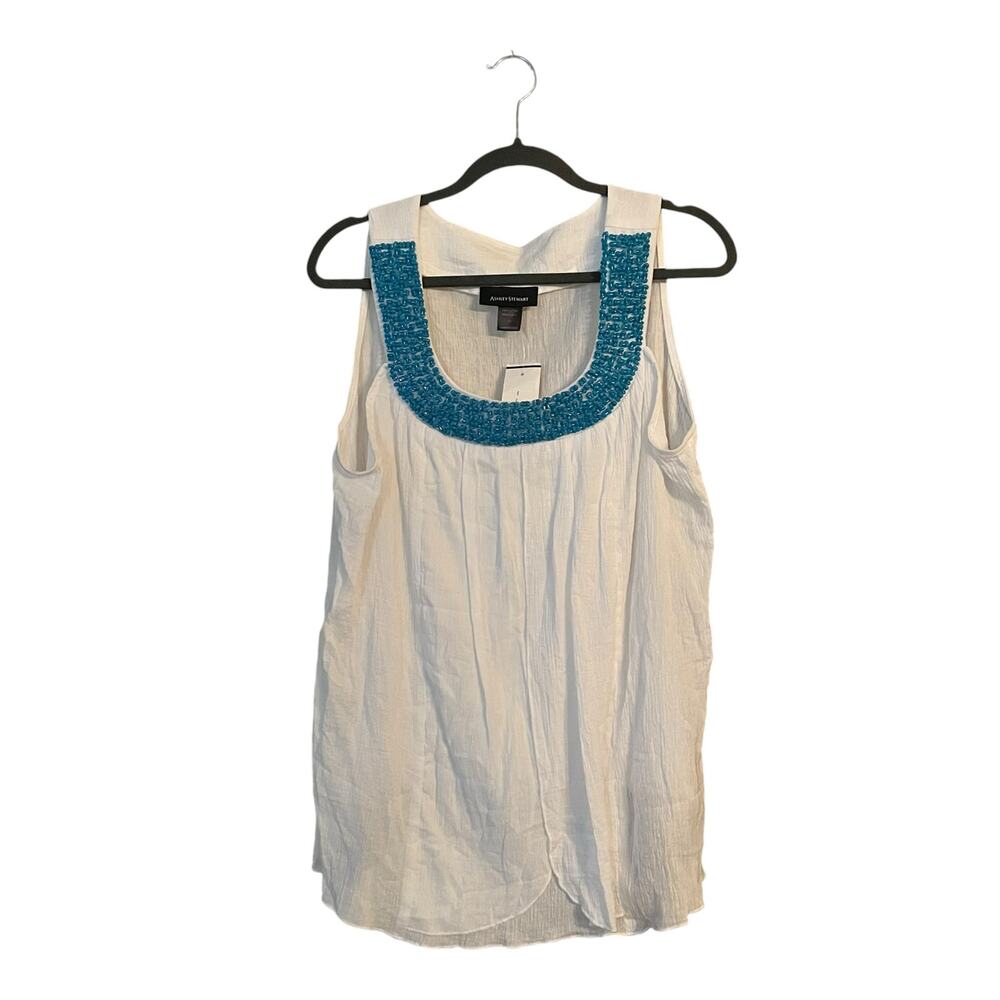 Ashley Stewart 100% Cotton Tank Tunic Top Heavily Beaded Neckline Boho